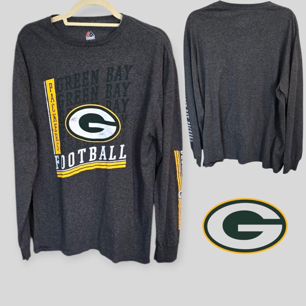 Majestic Green Bay Packers Football Longsleeve Gray Tees Pullover Mens XL